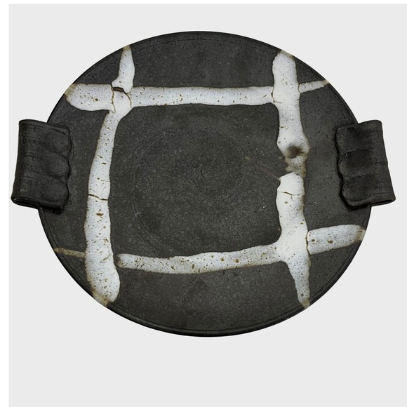 John Peterson Studio Pottery Plate Tray Charger Black White Signed Handles 10" - Picture 1 of 4
